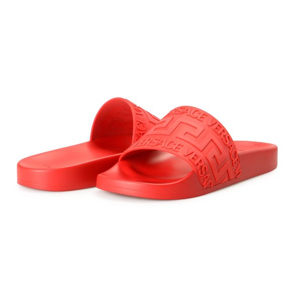 Versace Men's Deep Red "Greca" Print Embossed Pool Slide Flip Flops Shoes - Picture 8 of 8